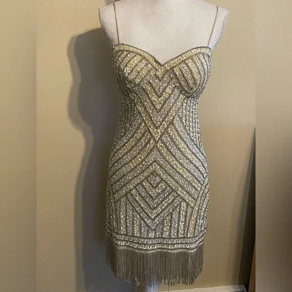 Sold Aidan Mattox Gold Silver Fringe Sequin Dress - Picture 1 of 8